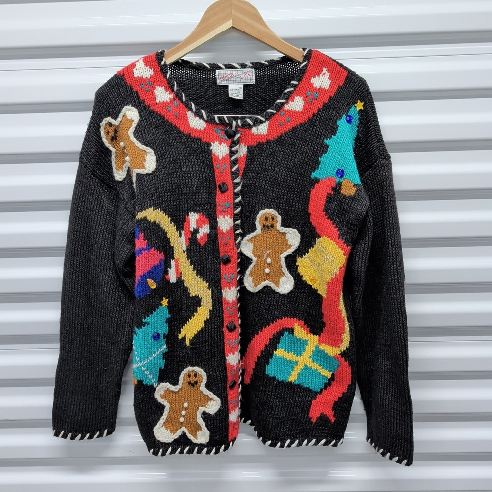 Spice of Life Christmas Cardigan Small Womens Black Gingerbread Ugly Sweater Vtg